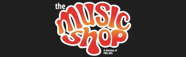 Music Shop Logo in Rot und Grau, Partner der Partyband aus München und Bayern