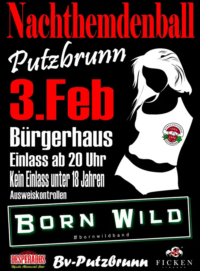 Flyer des Nachthemdenballs in Putzbrunn bei München mit der Partyband IsarSix aus München und Bayern für deine Faschingsparty